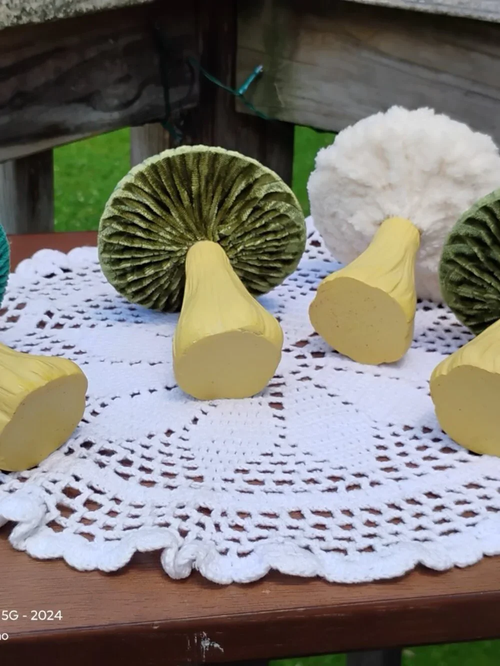 set of 4 decorative velvet corduroy mushroom figurines fabric tops plastic bases